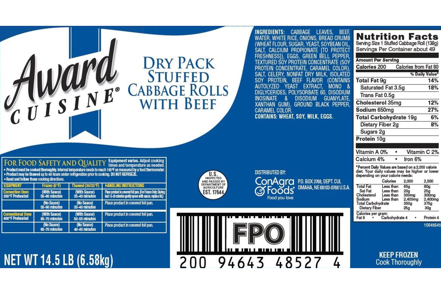Award Cuisine Cabbage Rolls IQF 48/4.83 oz