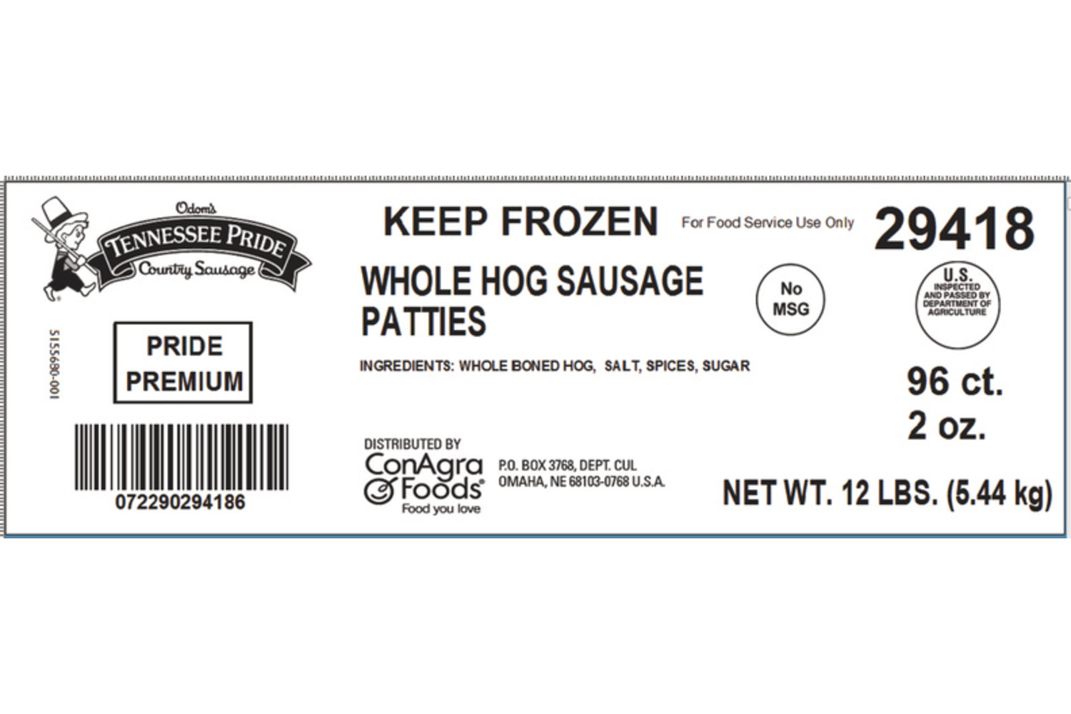 ODOMS TENNESSEE PRIDE Premium Whole Hog Sausage Patties