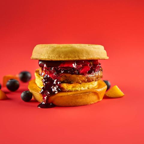 WAFFLE BREAKFAST SANDWICH WITH GARDEIN® SAUS'AGE AND BLUEBERRY, GRILLED PEACH COMPOTE