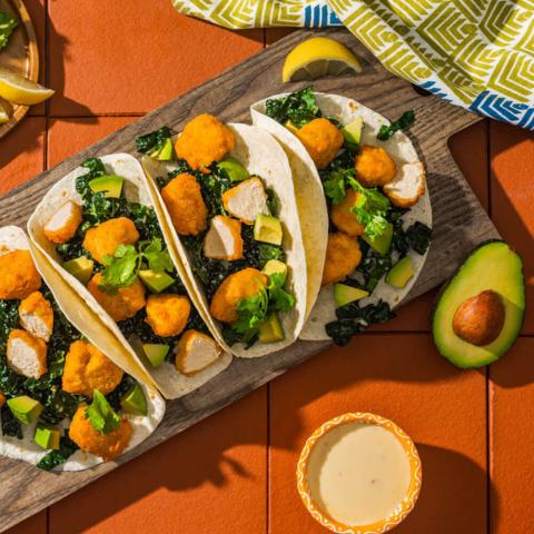 PLANT-BASED CRISPY LEMON PEPPER CHICKEN TACOS
