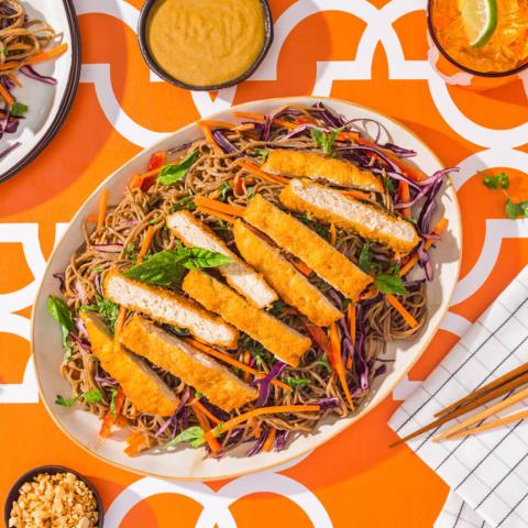 PLANT-BASED SPICY PEANUT SOBA NOODLE SALAD WITH CHICK'N