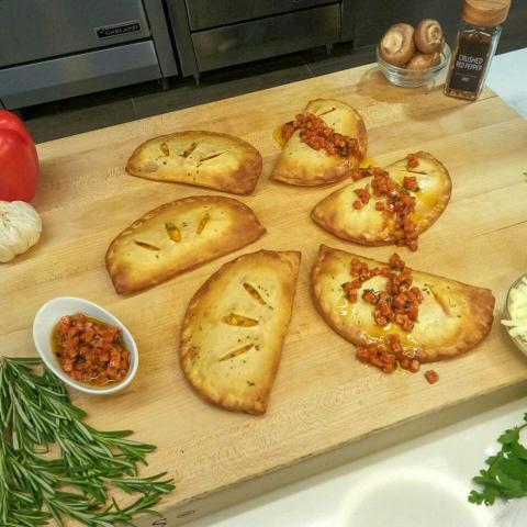 THREE CHEESE CALZONE WITH PEPPERONI RELISH