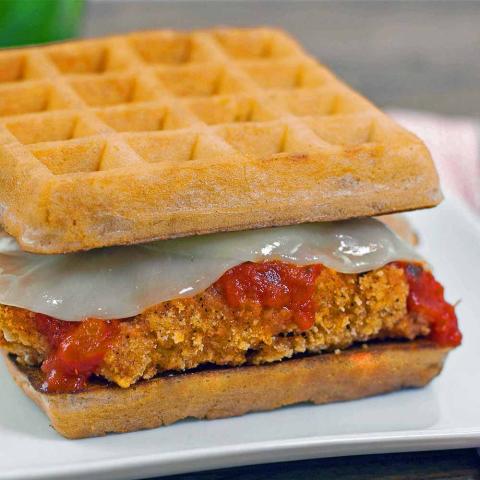 PLANT-BASED CHICK'N AND WAFFLE PARMESAN SANDWICH