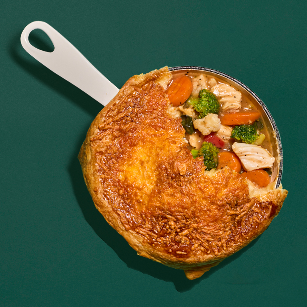 TURKEY POT PIE WITH TOMATO-BASIL GRAVY AND A GARLIC BREAD PUFF PASTRY
