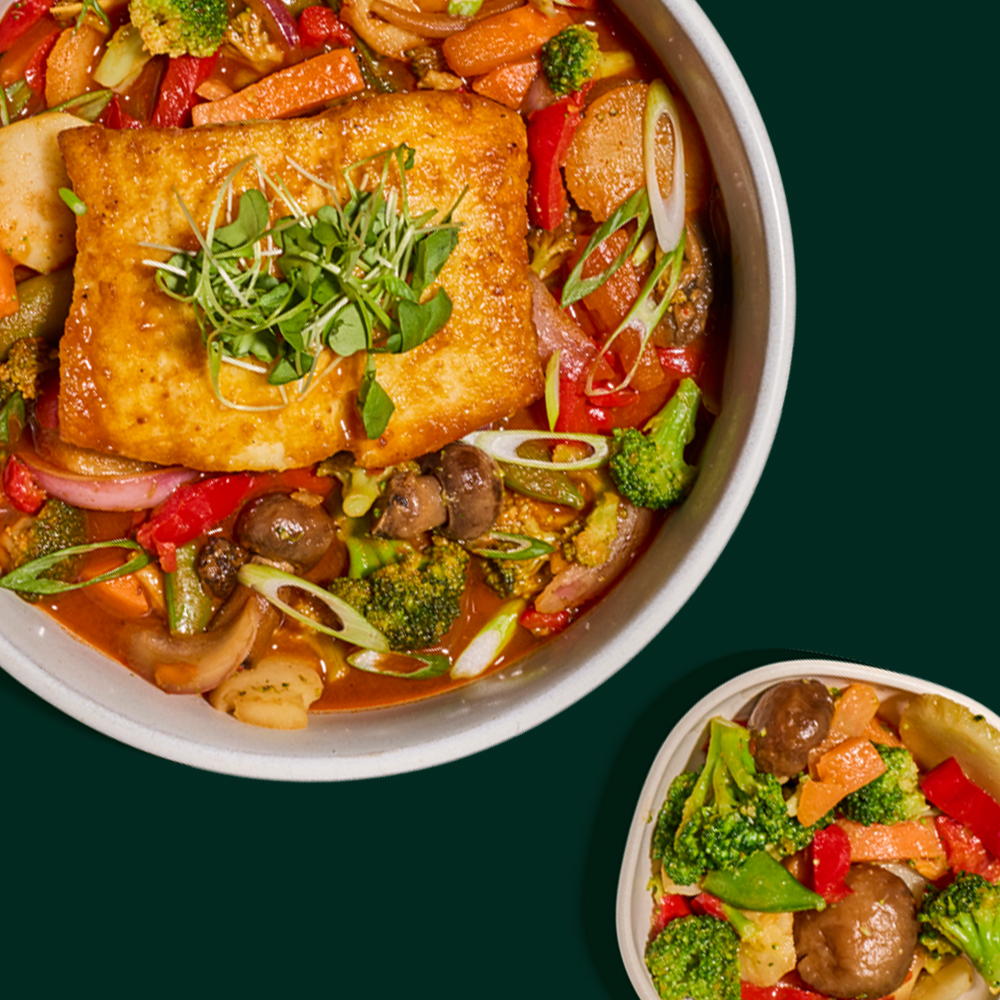 ORANGE MISO HALIBUT WITH TOMATO DASHI AND ASIAN VEGETABLES